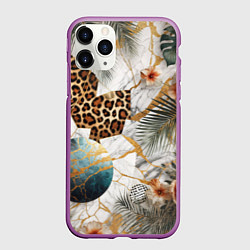 Чехол iPhone 11 Pro матовый Мрамор с цветами и леопардовый узор, цвет: 3D-фиолетовый