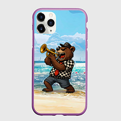Чехол iPhone 11 Pro матовый Медведь играет ска на пляже, цвет: 3D-фиолетовый