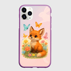 Чехол iPhone 11 Pro матовый Лисичка с бабочками и цветочками, цвет: 3D-фиолетовый