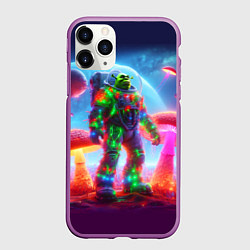 Чехол iPhone 11 Pro матовый Неоновый космонавт Шрек на планете гигантских мухо, цвет: 3D-фиолетовый