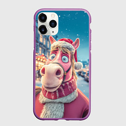 Чехол iPhone 11 Pro матовый Лошадь на фоне новогодней улицы, цвет: 3D-фиолетовый