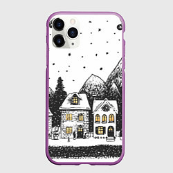 Чехол iPhone 11 Pro матовый Черно-белый новогодний город, цвет: 3D-фиолетовый