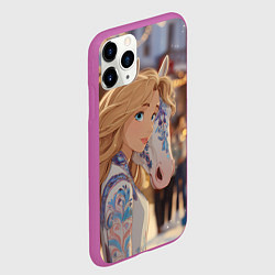 Чехол iPhone 11 Pro матовый Блондинка с новогодней лошадкой, цвет: 3D-фиолетовый — фото 2
