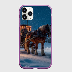 Чехол iPhone 11 Pro матовый Новогодняя лошадка с повозкой, цвет: 3D-фиолетовый