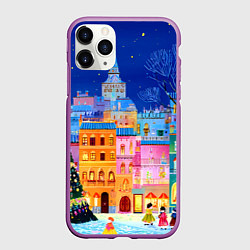 Чехол iPhone 11 Pro матовый Разноцветные новогодние домики, цвет: 3D-фиолетовый