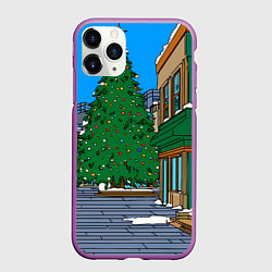 Чехол iPhone 11 Pro матовый Мультяшный новогодний двор, цвет: 3D-фиолетовый