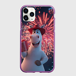 Чехол iPhone 11 Pro матовый Лошадь с подарком на фоне салюта