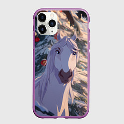 Чехол iPhone 11 Pro матовый Белая лошадь на фоне елки