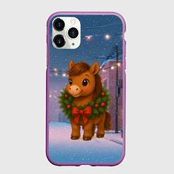 Чехол iPhone 11 Pro матовый Лошадка с новогоднем венком 2026, цвет: 3D-фиолетовый