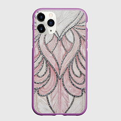 Чехол iPhone 11 Pro матовый Нежно розовый орнамент из перьев, цвет: 3D-фиолетовый