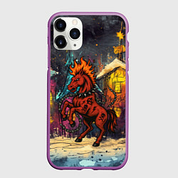 Чехол iPhone 11 Pro матовый Красная огненная лошадь панк в городе, цвет: 3D-фиолетовый