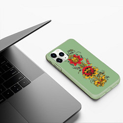 Чехол iPhone 11 Pro матовый Хохлома: цветы, цвет: 3D-салатовый — фото 2