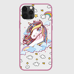 Чехол для iPhone 12 Pro Max Единорог на облаках, цвет: 3D-малиновый