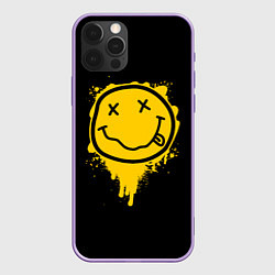 Чехол для iPhone 12 Pro Max NIRVANA LOGO SMILE, БРЫЗГИ КРАСОК, цвет: 3D-сиреневый