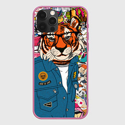 Чехол для iPhone 12 Pro Max Стикербомбинг с тигром, цвет: 3D-малиновый