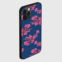 Чехол для iPhone 12 Pro Max Веточки айвы с розовыми цветами на синем фоне, цвет: 3D-черный — фото 2