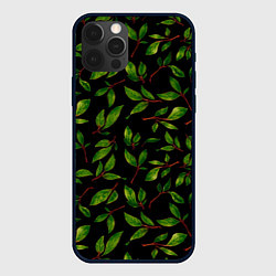 Чехол для iPhone 12 Pro Max Яркие зеленые листья на черном фоне, цвет: 3D-черный