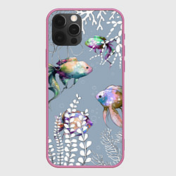 Чехол для iPhone 12 Pro Max Разноцветные акварельные рыбки и белые водоросли, цвет: 3D-малиновый