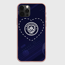 Чехол для iPhone 12 Pro Max Лого Manchester City в сердечке на фоне мячей, цвет: 3D-светло-розовый