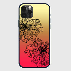 Чехол для iPhone 12 Pro Max Черные абстрактные цветы на красно-желтом градиент, цвет: 3D-черный