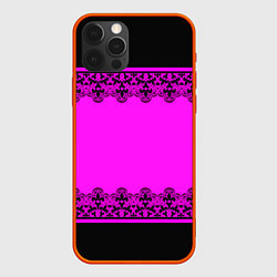 Чехол для iPhone 12 Pro Max Черное кружево на неоновом розовом фоне, цвет: 3D-красный