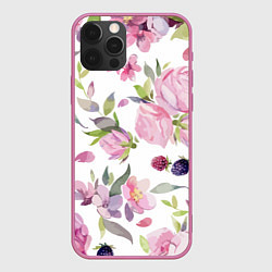 Чехол для iPhone 12 Pro Max Летний красочный паттерн из цветков розы и ягод еж, цвет: 3D-малиновый