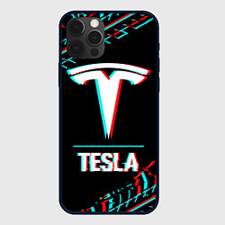 Чехол для iPhone 12 Pro Max Значок Tesla в стиле Glitch на темном фоне, цвет: 3D-черный