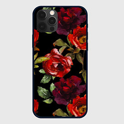 Чехол для iPhone 12 Pro Max Цветы Нарисованные Розы На Чёрном Фоне, цвет: 3D-черный