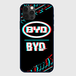 Чехол для iPhone 12 Pro Max Значок BYD в стиле glitch на темном фоне, цвет: 3D-черный