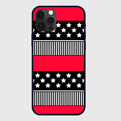 Чехол для iPhone 12 Pro Max Red and black pattern with stripes and stars, цвет: 3D-черный
