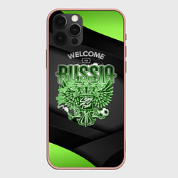 Чехол iPhone 12 Pro Max Герб России - спортивный черно-зеленый стиль