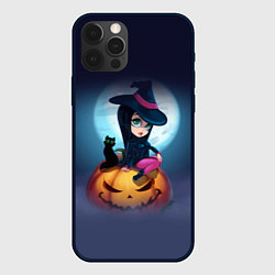 Чехол для iPhone 12 Pro Max Маленькая прикольная ведьмочка с милым котёнком, цвет: 3D-черный