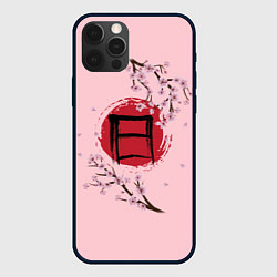Чехол для iPhone 12 Pro Max Цветущая сакура с иероглифом cолнце, цвет: 3D-черный