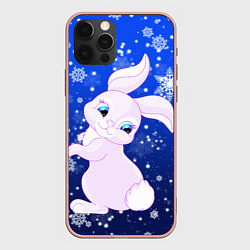 Чехол для iPhone 12 Pro Max Кролик на фоне снежинок, цвет: 3D-светло-розовый