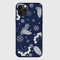 Чехол iPhone 12 Pro Max Зимние ягоды и шишки на синем фоне