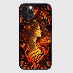 Чехол для iPhone 12 Pro Max Девушка в стиле ар-нуво с огнем и осенними листьям, цвет: 3D-черный