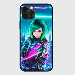 Чехол для iPhone 12 Pro Max Девушка с зелеными волосами киберпанк, цвет: 3D-черный