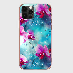 Чехол для iPhone 12 Pro Max Розовые орхидеи на бирюзовом - паттерн акварель, цвет: 3D-светло-розовый