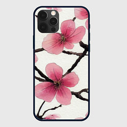 Чехол для iPhone 12 Pro Max Цветы и ветви японской сакуры - текстура холста, цвет: 3D-черный