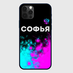 Чехол для iPhone 12 Pro Max Софья и неоновый герб России: символ сверху, цвет: 3D-черный
