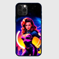 Чехол для iPhone 12 Pro Max Девушка в неоновом комбинезоне на фоне ночного гор, цвет: 3D-черный