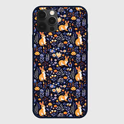 Чехол для iPhone 12 Pro Max Оранжевые зайчики в траве на синем фоне, цвет: 3D-черный