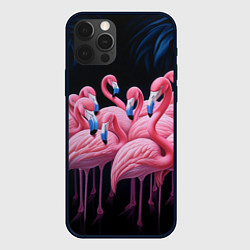 Чехол для iPhone 12 Pro Max Стая розовых фламинго в темноте, цвет: 3D-черный