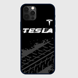 Чехол для iPhone 12 Pro Max Tesla speed на темном фоне со следами шин посереди, цвет: 3D-черный