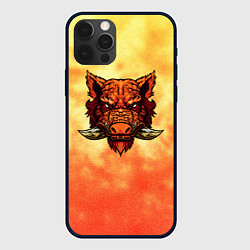 Чехол для iPhone 12 Pro Max Огненный дикий кабан на фоне пламени, цвет: 3D-черный