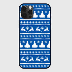 Чехол для iPhone 12 Pro Max Синий свитер с новогодними оленями, цвет: 3D-черный