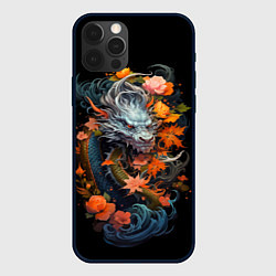 Чехол iPhone 12 Pro Max Китайский дракон с цветами и волнами