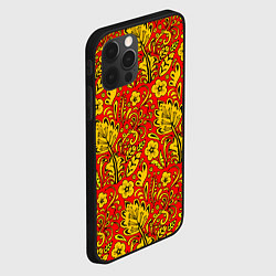 Чехол для iPhone 12 Pro Max Хохломская роспись золотистые цветы на красном фон, цвет: 3D-черный — фото 2