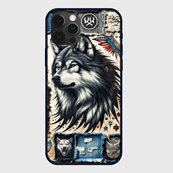 Чехол для iPhone 12 Pro Max Волк на дениме Пэчворк, цвет: 3D-черный