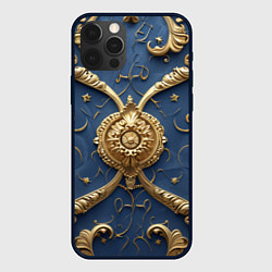 Чехол iPhone 12 Pro Max Золотые узоры на синей ткани